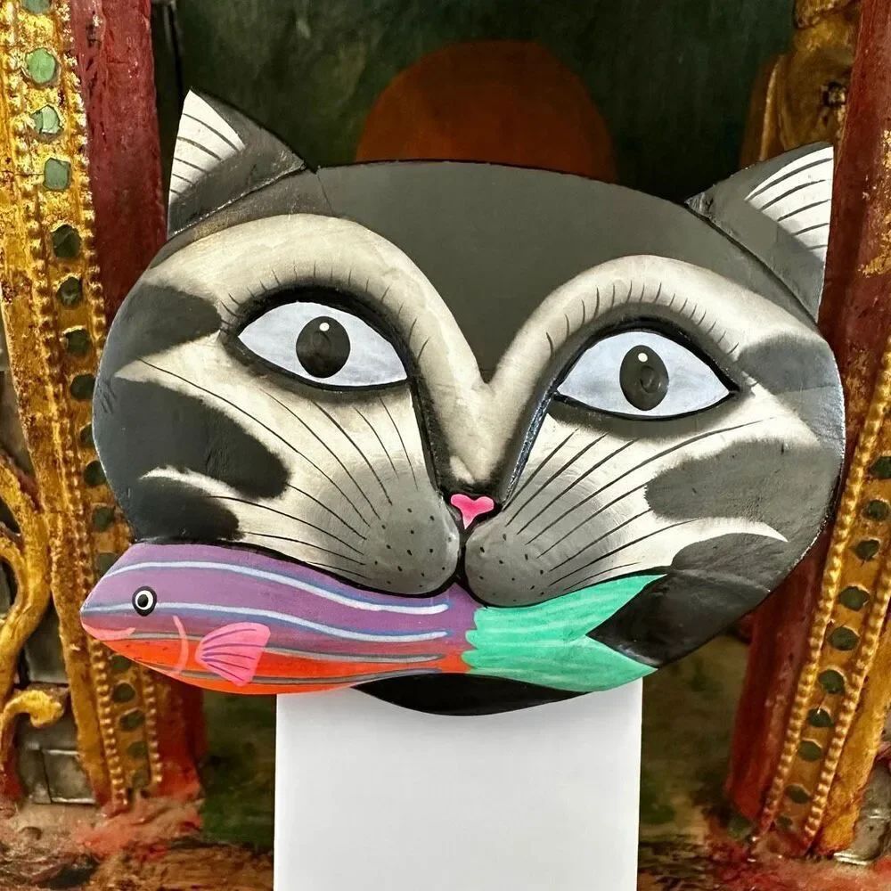 Hand-Painted Wood Cat & Fish Hair Barrette